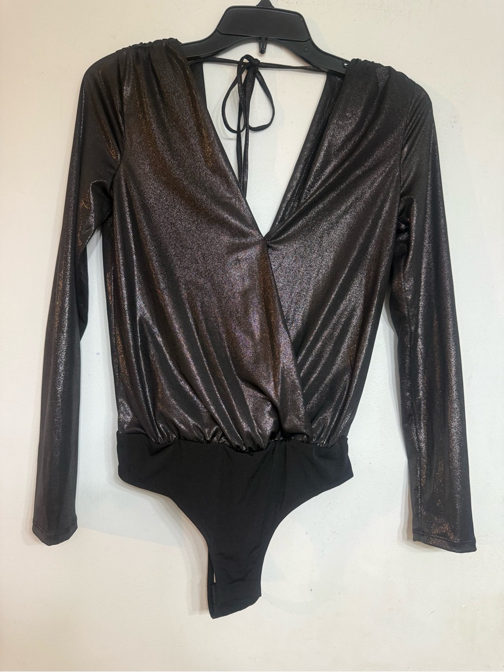 BCBGeneration Shimmery Black Wrap-Front Long-Sleeve Bodysuit